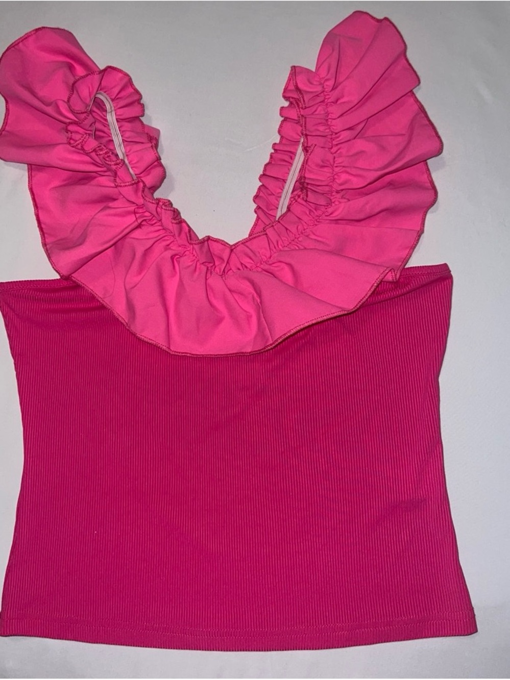 SHEIN Hot Pink Ribbed Ruffle Strap Tank Top